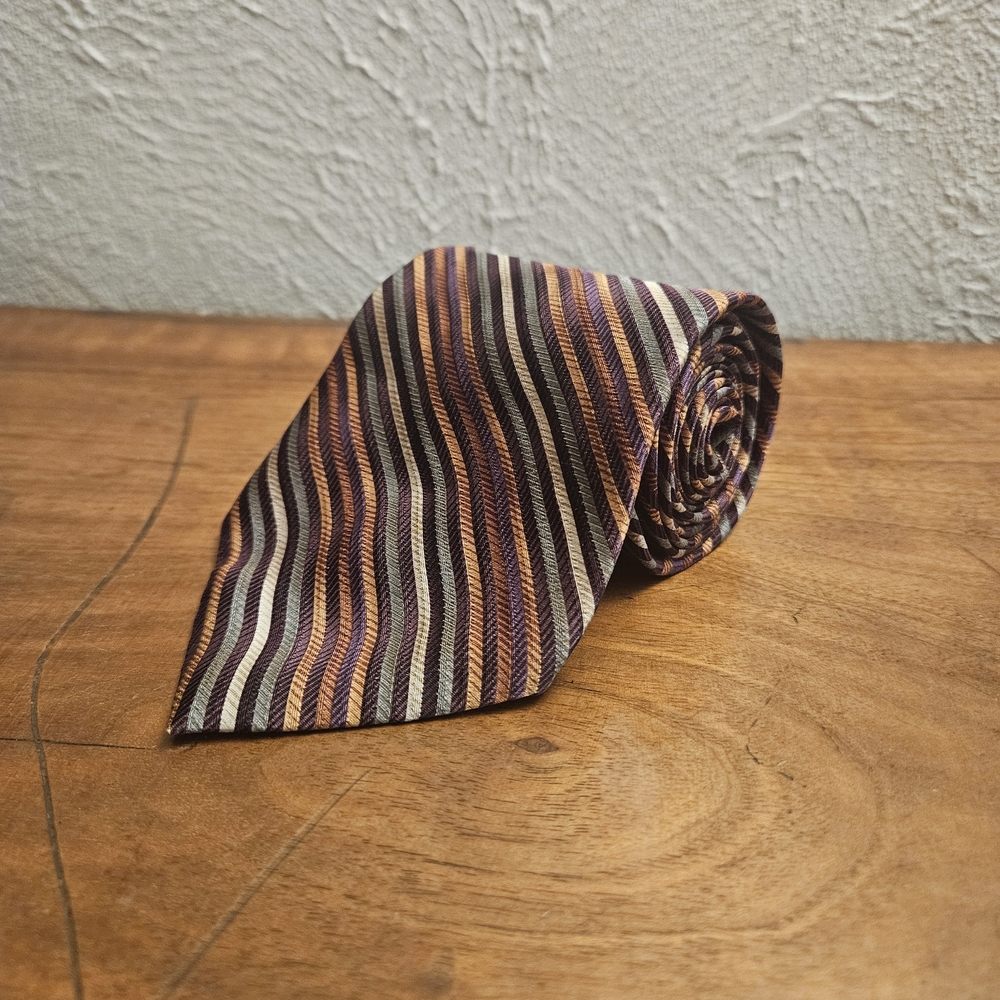 Calvin Klein Tie 100% Silk Striped Burgundy Yellow Men's Neckwear Classic Design